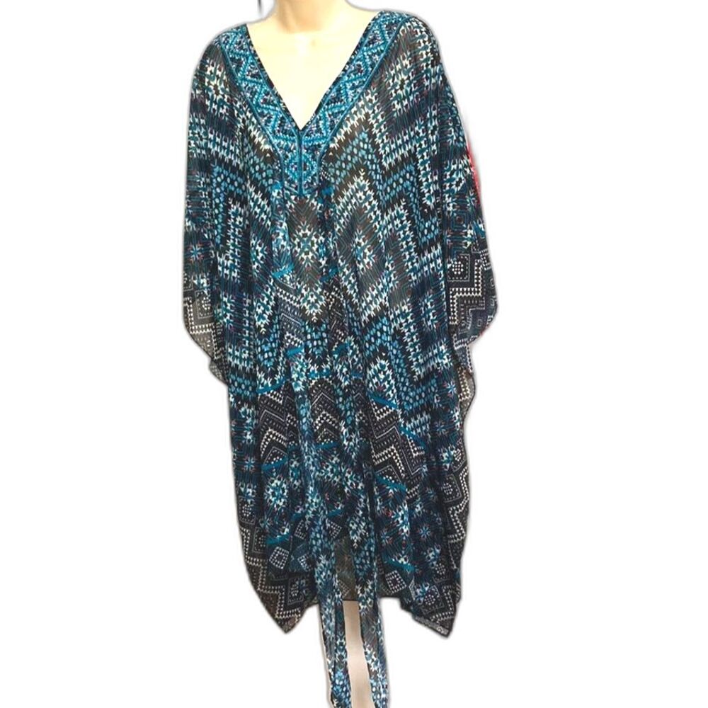 WHITE HOUSE BLACK MARKET Teal Embellished Semi Sheer Tunic Beach Swim Coverup XL